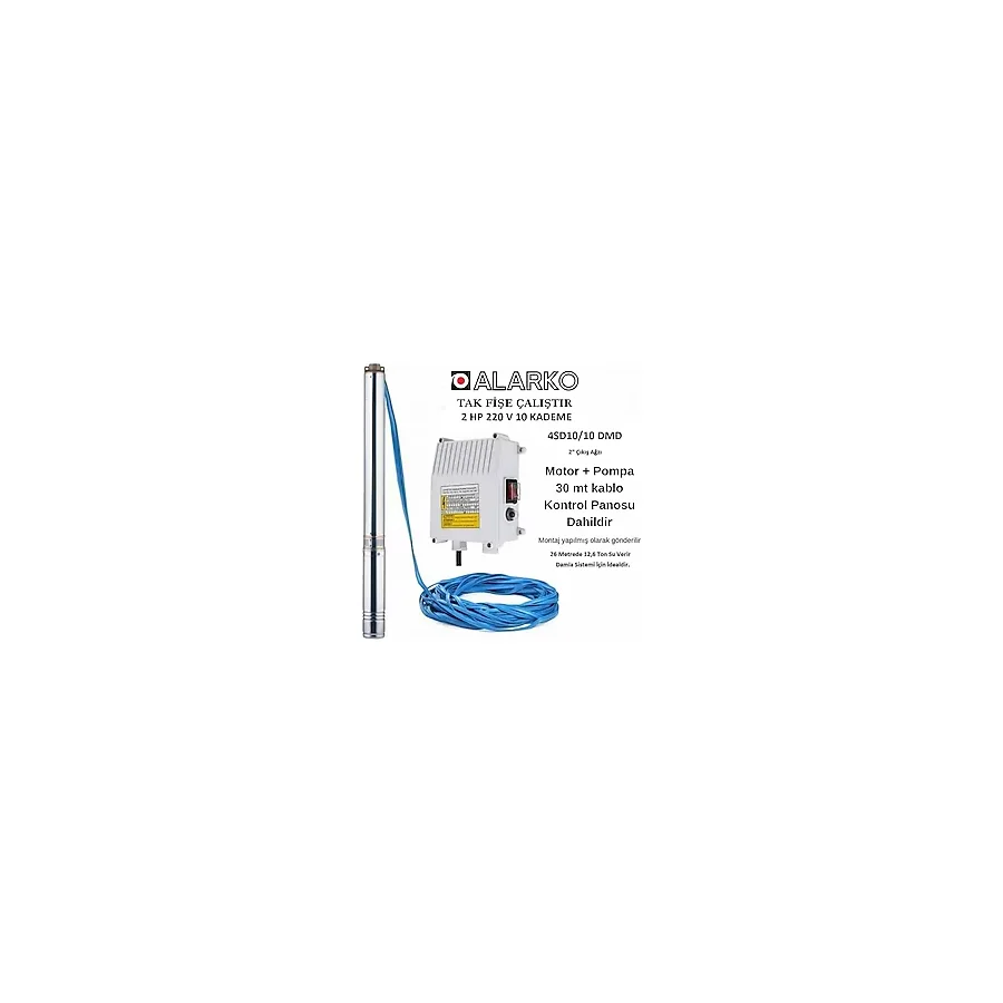 Alarko 2 Hp 10 Kademe Derin Kuyu Dalgıç Pompa(30mt Kablolu Ve Pano Dahil)montaja Hazır Tak Çalıştır