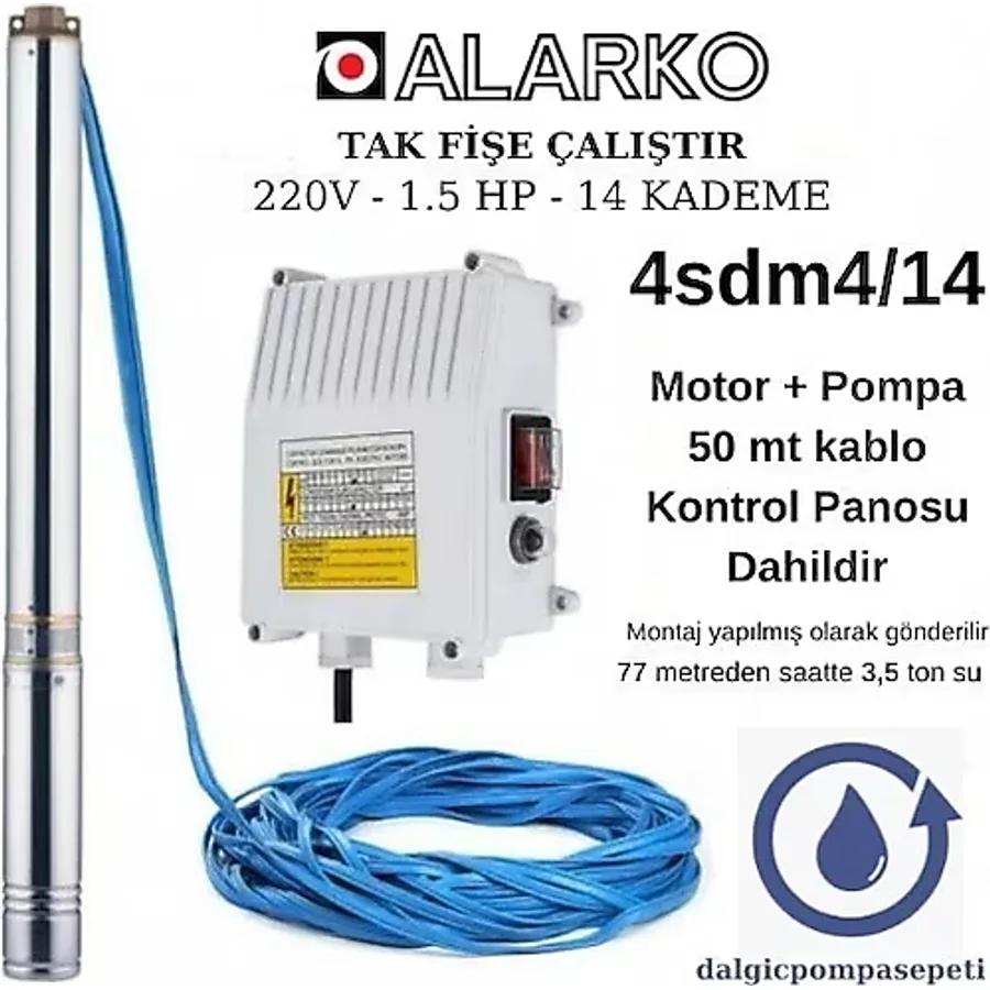 Alarko 4sdm4/14 Dalgıç Pompa Set Halinde - 50 Mt Kablolu - Panolu - Monofaze ( 220v)