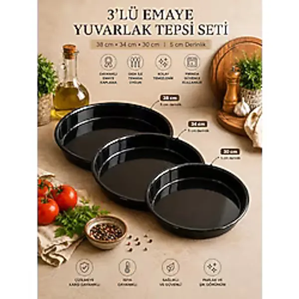 Alev Emaye 3'lü Emaye Yuvarlak Tepsi Seti 38 cm 34 cm 30 cm - 5 cm Derinlik, Fırın Tepsisi