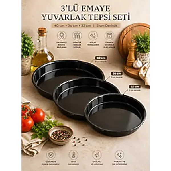 Alev Emaye 3'lü Emaye Yuvarlak Tepsi Seti 40 cm 36 cm 32 cm - 5 cm Derinlik, Fırın Tepsisi