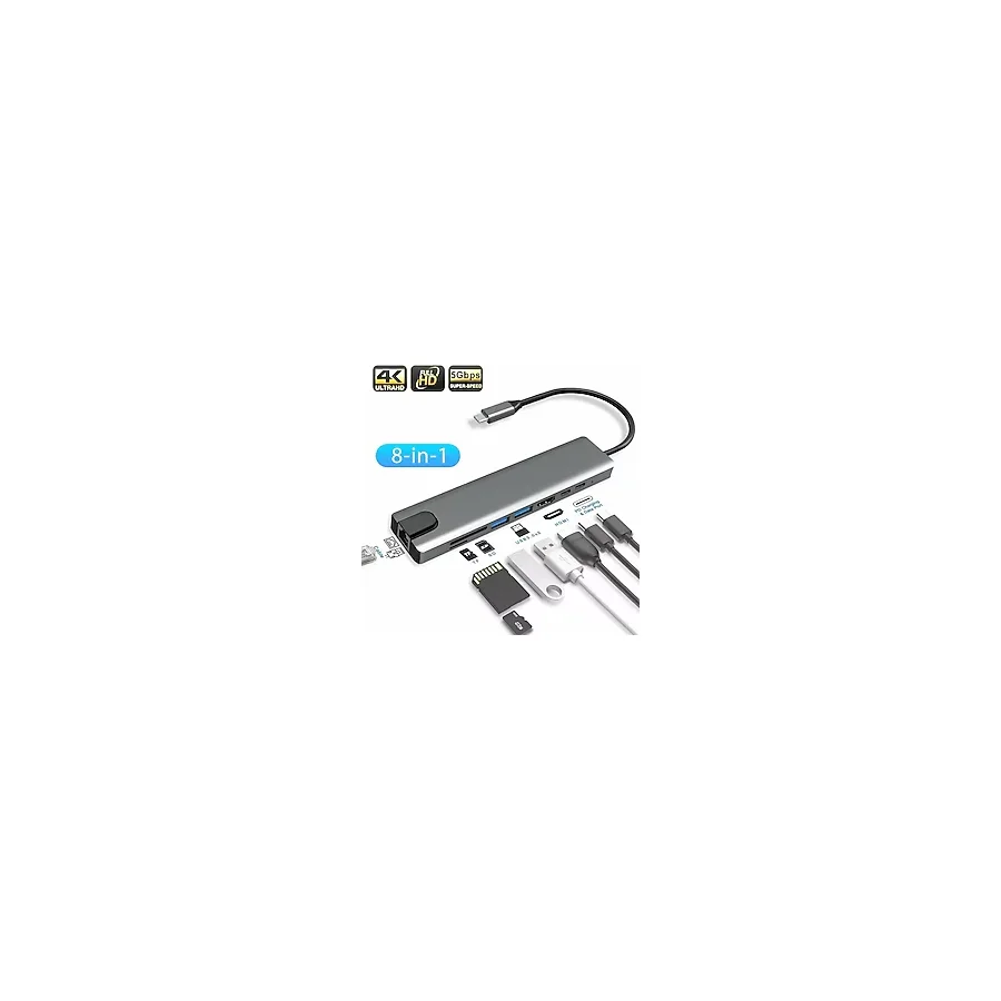 Alfa MEC 8'i 1 Arada Type-C To USB 4K HDMI RJ45 Ethernet 87W Pd Şarj Sd/tf Kart Okuyucu Hub Dönüştürücü - Gri