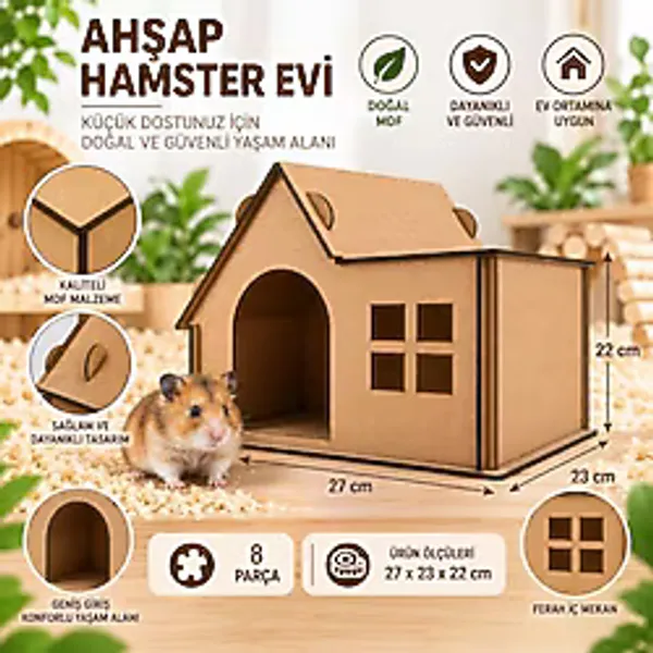Alg Wood Design Hamster Evi - 8 Parça MDF Ahşap Hamster Yuvası - 27 x 23 x 22 cm