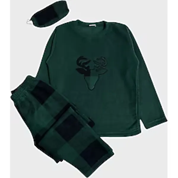 Aliş Kids Erkek Çocuk Pamuklu Polar Kumaş Yeşil Yılbaşı Geyik Desenli Uyku Bantlı Kışlık Pijama Takımı - 6 Yaş