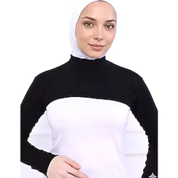 Alivascarf Balıkçı Yaka Boyunluklu Kolluk Siyah - Likralı Dik Yakalı Kadın Body Tesettür Crop Bolero