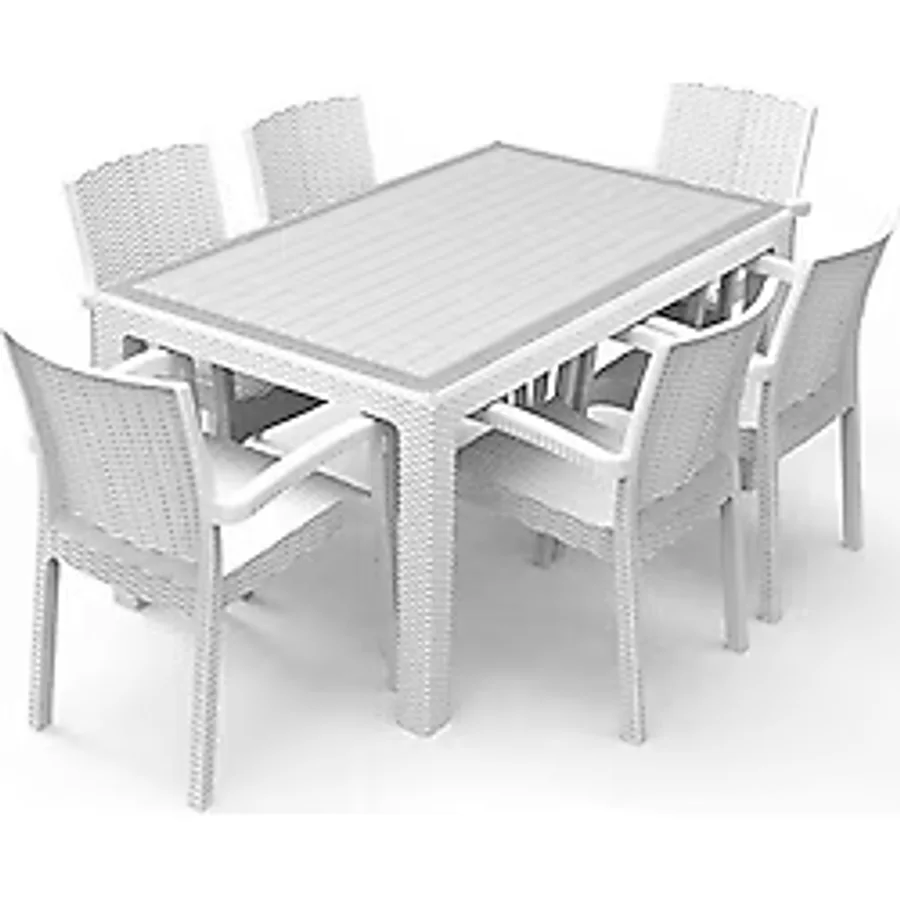 Almina Rattan Masa Takımı 90X150 Camlı Masa 6 Kişilik Rattan Sandalye Bahçe Balkon Teras Takımı Beyaz