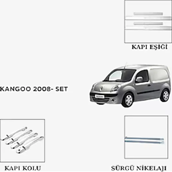 Alminox Oto Aksesuar Kangoo 2008- Set Kapı Eşiği-Kapı Kolu-Sürgü Nikelajı - Paslanmaz Çelik