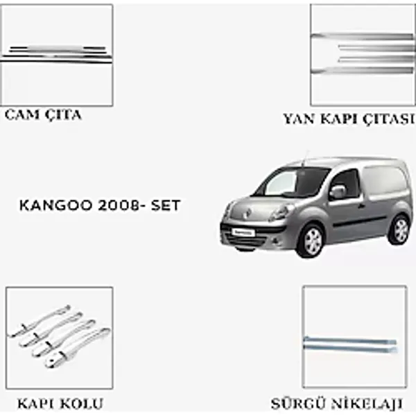 Alminox Oto Aksesuar Kangoo 2008- Set Yan Kapı Çıtası- Cam Çıta-Kapı Kolu- Sürgü Nikelajı - Paslanmaz Çelik