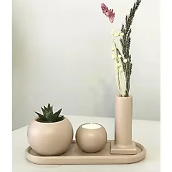 Almish Beton Tepsili Saksı Mumluk Ve Şamdan Set