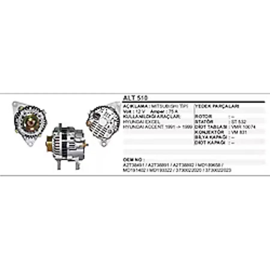 Alternatör 12V 75A Hyundaı Excel / Accent 91-99 Mıtsubıshı Tip