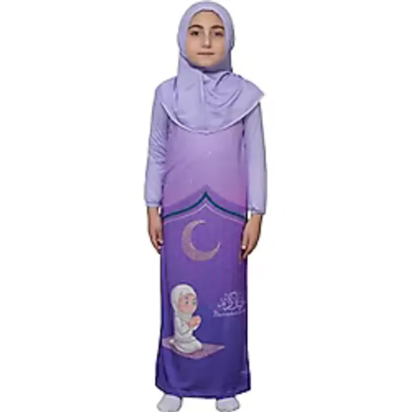 Altobeh Çocuk Namaz Takımı Pratik Tek Parça Desenli Kollu Tak Çıkar Başörtülü Likralı Tesettür Elbise (6-12 Yaş) 925-0201, Mor, 4