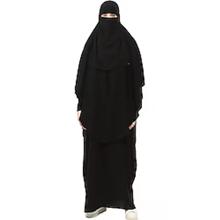 Altobeh Sultanbaş Nikaplı Çarşaf Cilbab Khimar Abaya Kolu Lastikli Hakim Yaka Peçeli Ferace Medine İpek, Siyah, S-M