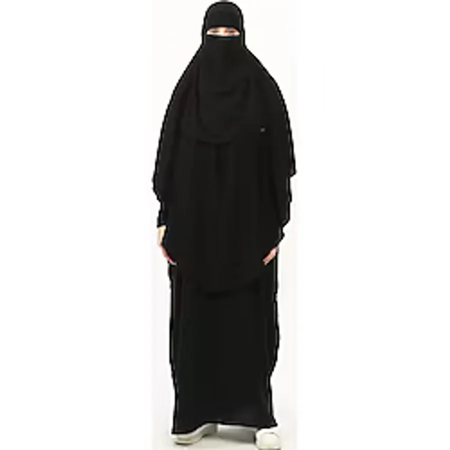 Altobeh Sultanbaş Nikaplı Çarşaf Cilbab Khimar Abaya Kolu Lastikli Hakim Yaka Peçeli Ferace Medine İpek, Siyah, S-M