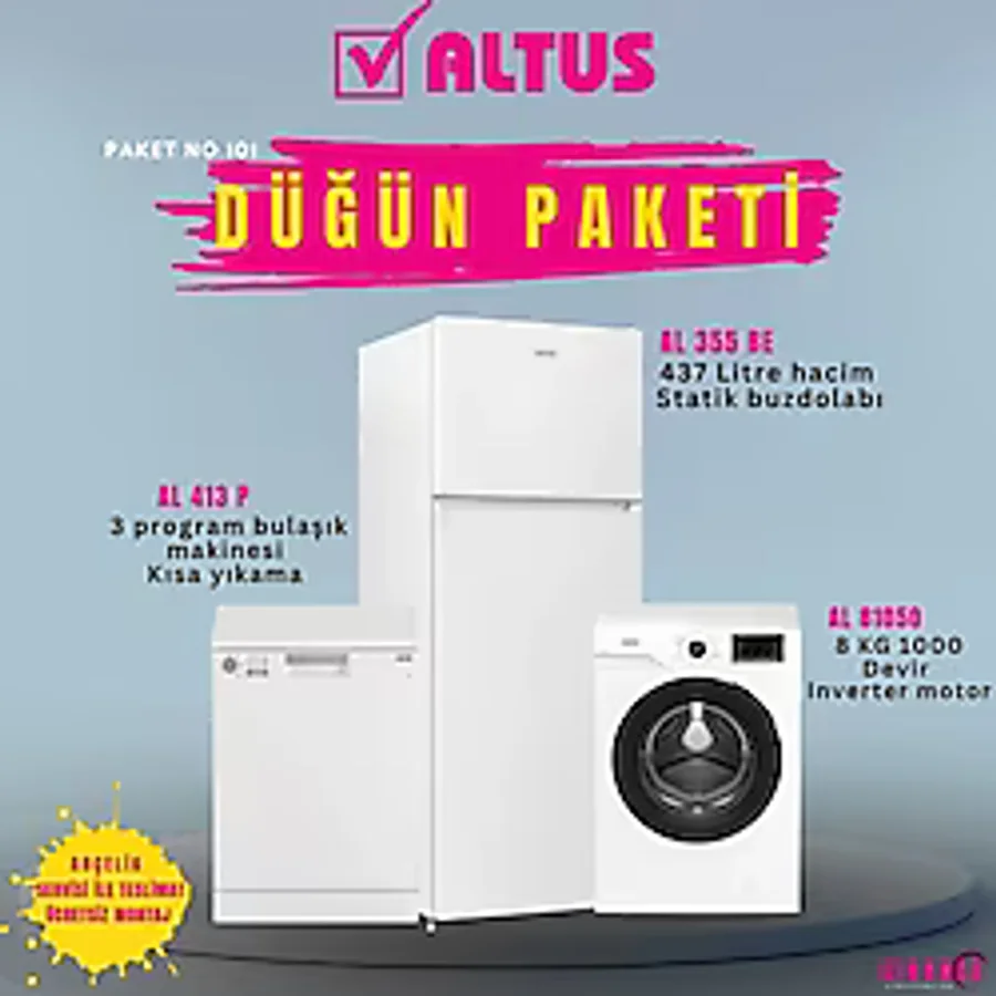 Altus Ekonomik Düğün Paketi (Paket 101) Al 413 P Bulaşık Makinesi Al-81050 Çamaşır Makinesi Al-355 Be Buzdolabı