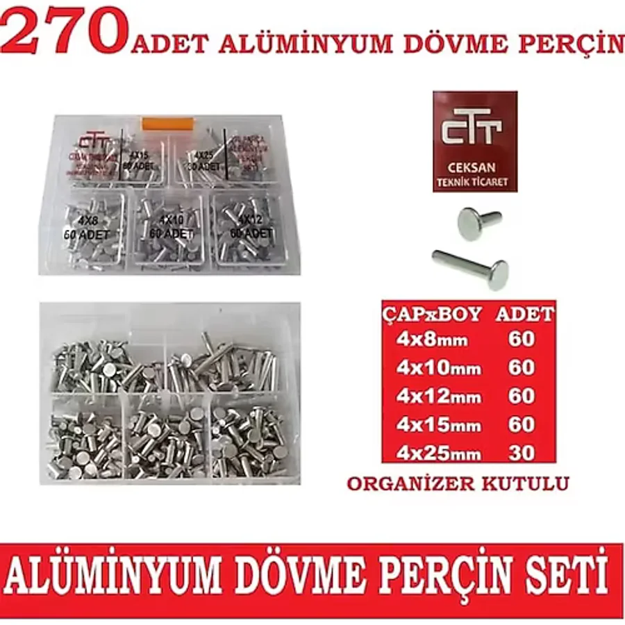 Alüminyum Dövme-Ezme Perçin Seti 270 Adet