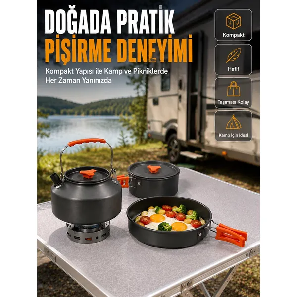 Alüminyum Kamp Pişirme Seti Katlanabilir Kulplu Çaydanlık Tencere Tava Yemek Seti