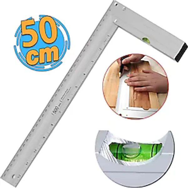 Alüminyum L Gönye Su Terazili Cetvel Ölçme Ölçüm Kaynak Kaynakçı Marangoz Gönyesi 500 Mm 50 Cm