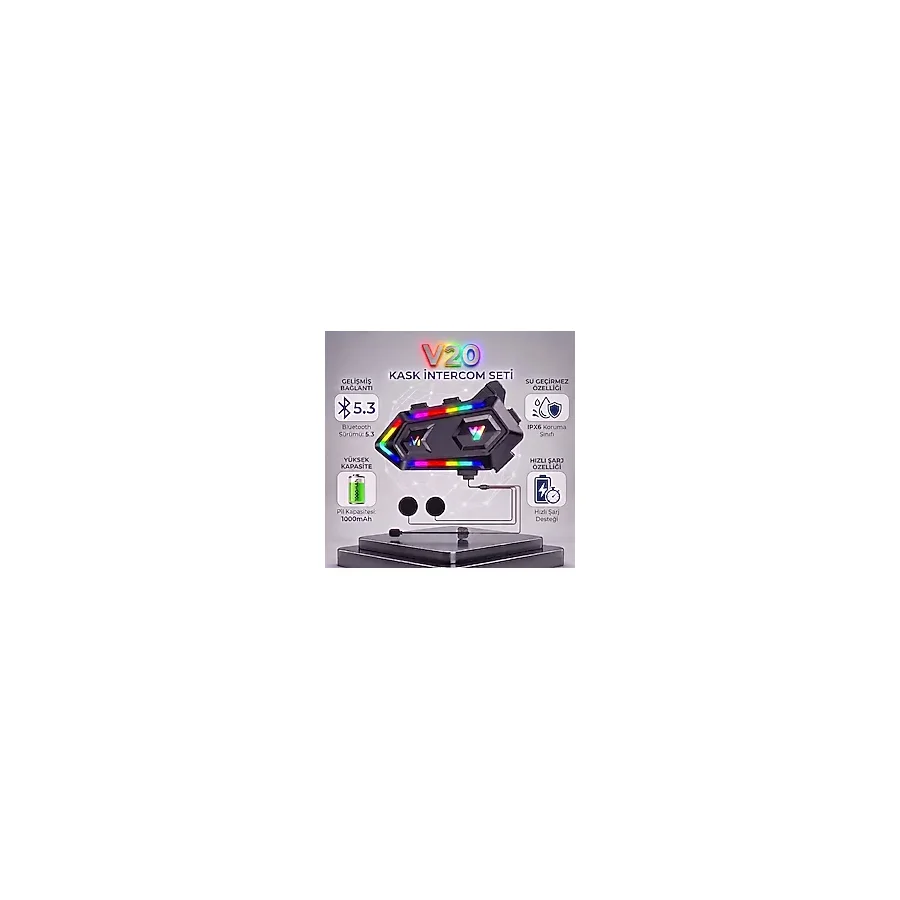 ALWAYS TEKNOLOJİ Always V20 Kask Kulaklığı 5.3 Motosiklet Intercom RGB Işıklı Motorsiklet Interkom Eşleşme Yoktur