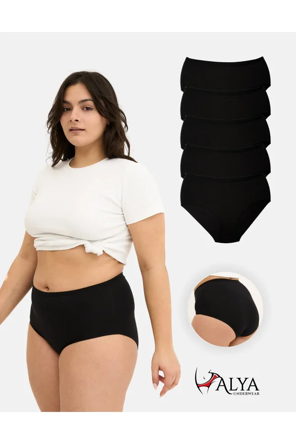 ALYA UNDERWEAR Kadın Battal Külot, Büyük Beden, Pamuklu Yüksek Bel Iç Çamaşırı - 5 Adet Siyah (5XL, 6XL, 7XL) - 2