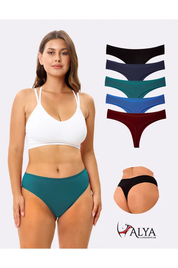 ALYA UNDERWEAR Kadın Büyük Beden Tanga Pamuklu, Battal String, 5' Li Paket Siyah, Bordo, Koyu Yeşil, Indigo, Laci. - 2