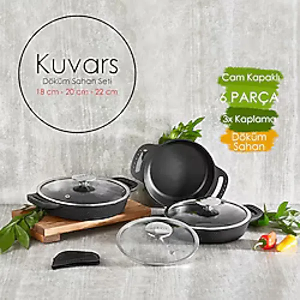 Amboss Kuvars Cam Kapaklı 6 Parça Döküm Sahan Seti