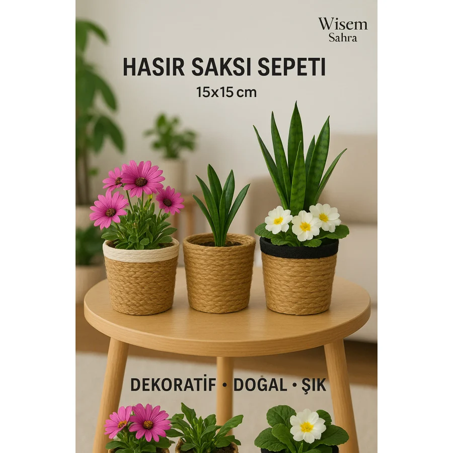 Amentes Yuvarlak Hasır Sepet Saksı Sepeti, Lüx Organizer, Dekoratif Sepet, Ev Dekoru