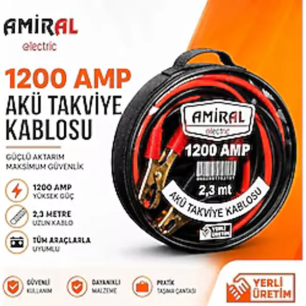Amiral 1200 Amper Akü Takviye Kablosu - 6V/12V/24V Uyumlu, Izole Plastik Maşalı, 2,3 Mt. Dayanıklı ve Güvenli Kullanım