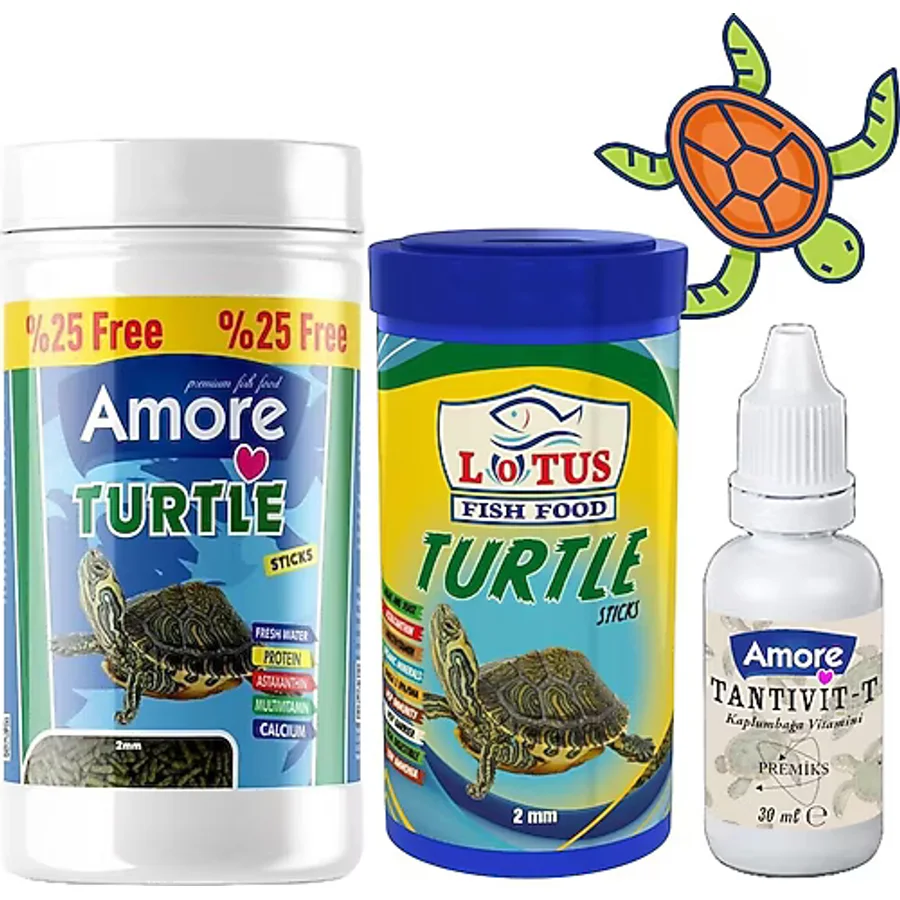 AMORE Turtle Green Sticks 125 Ml + Lotus 100 Ml Su Kaplumbağası Yemi Ve Vitamin Seti