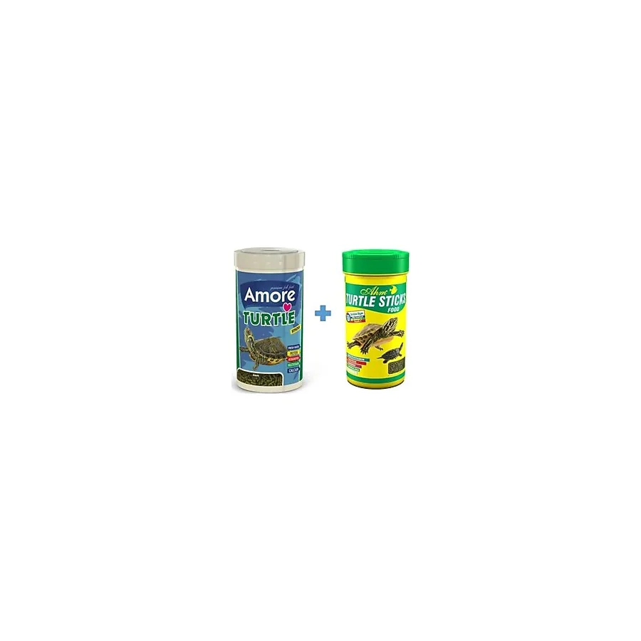 AMORE Turtle Sticks 250ml + Ahm Turtle 250ml Vitamin Kalsiyum Mineral Plus Sürüngen Ve Kaplumbağa Yemi