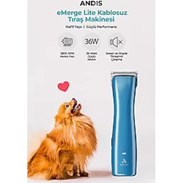 Andis Emerge Lite Şarjlı Profesyonel Kedi Köpek Tıraş Makinesi - 1,5 mm Kesen 10 Numara Uç ile Birlikte