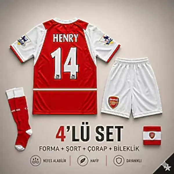 Andream Arsenal Henry Çocuk Futbol Forması Forma Şort Çorap Bileklik 4 Parça - 13 - 14 Yaş - Mavi