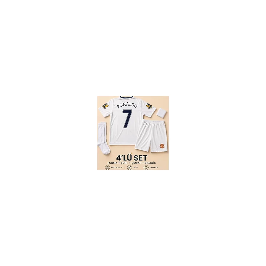 Andream Manchester United Ronaldo 7 Çocuk Futbol Forması Forma Şort Çorap Bileklik 4 Parça Beyaz - 11 - 12 Yaş