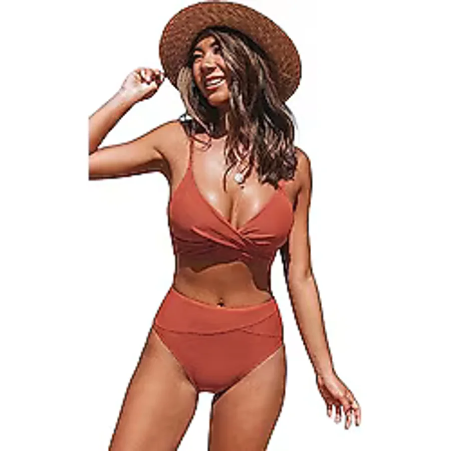 Angelsin Özel Tasarım Önden Çarpraz Yüksek Bel Bikini Takım Kırmızı 42