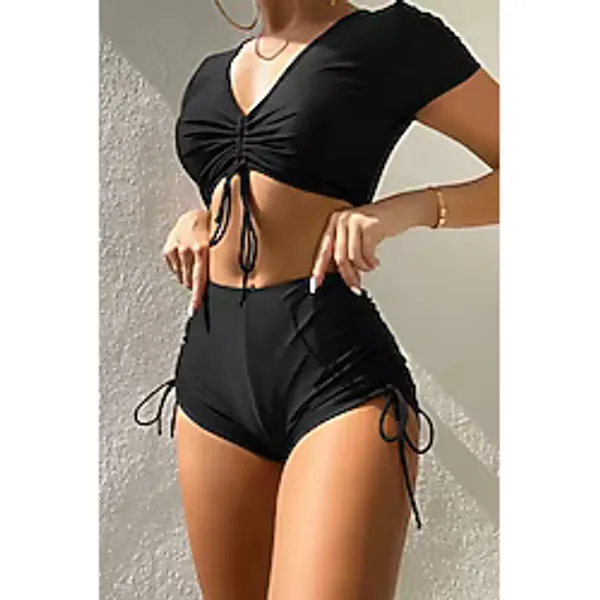 Angelsin Özel Tasarım Yarım Kol Büzgü Detaylı Bikini Takım