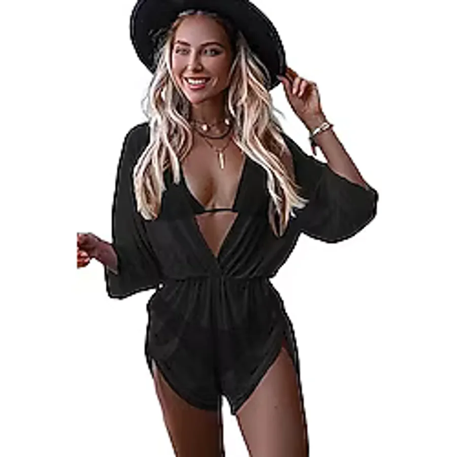 Angelsin Şifon Pareo Plaj Elbisesi Cover Up Kimono Siyah XL