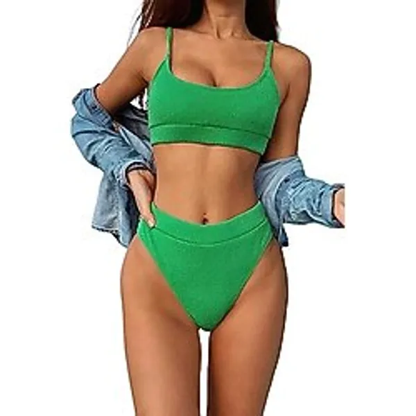 Angelsin Yüksek Bel Fitilli Kumaş Tankini Bikini Takım Yeşil 44