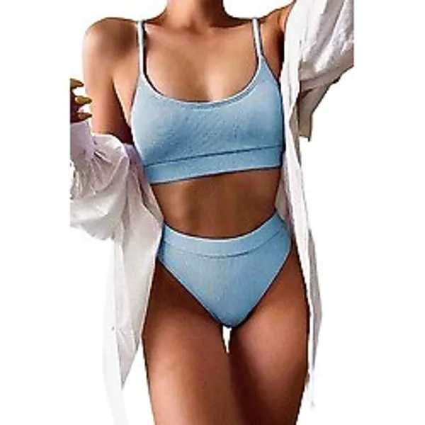 Angelsin Yüksek Bel Fitilli Kumaş Tankini Bikini Üstü Mavi 36