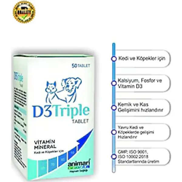 Animari D3 Triple 50 Tablet Kedi Ve Köpek Kalsiyum, D3 Vitamini & Güçlü İskelet Desteği