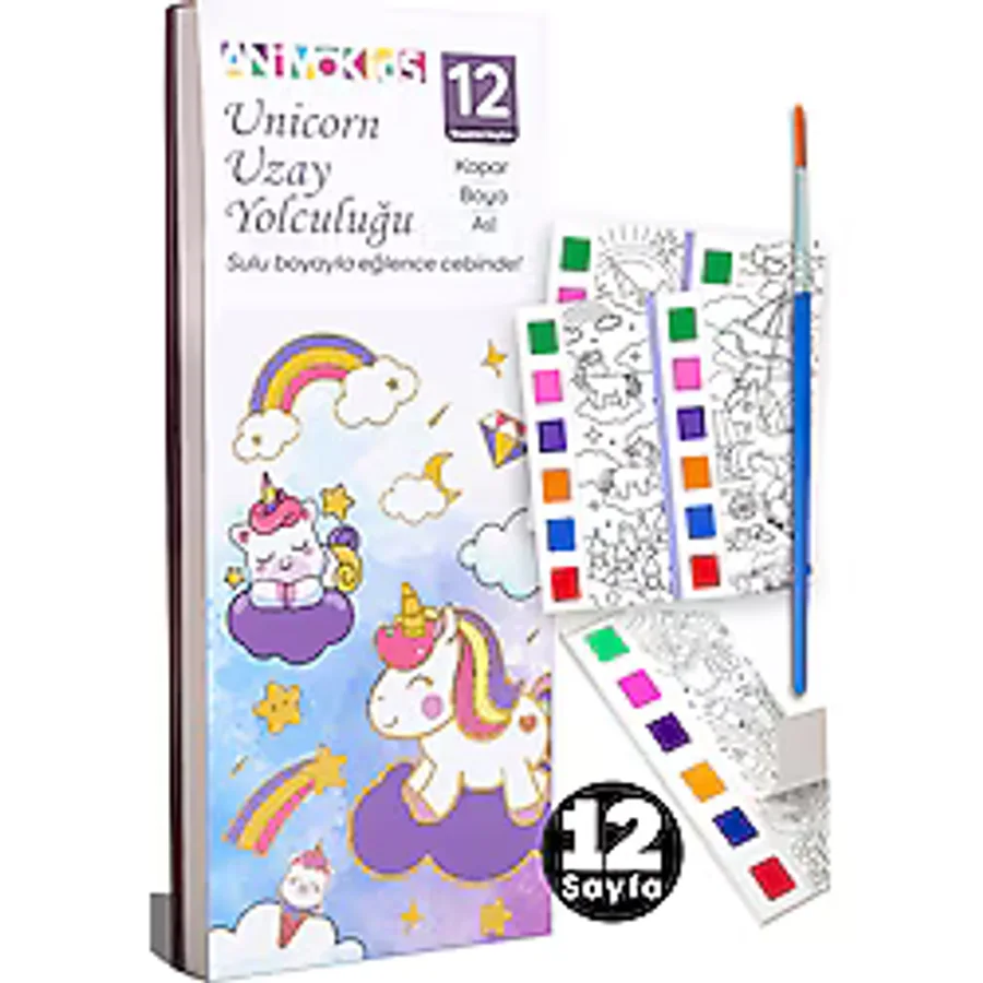 animokids Renk Paletli Sulu Boya Kitabı + Fırça, 12 Sayfa Aktivite Boyama Kitabı Seti - Unicorn Uzay Yolculuğu