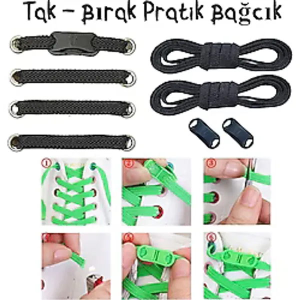 Ankanorm Pratik Ayakkabı Bağcığı Takbırak Bağcık Elastik Klipsli Lastikli Bot Çocuk Ayakkabı Bağcığı (SİYAH)