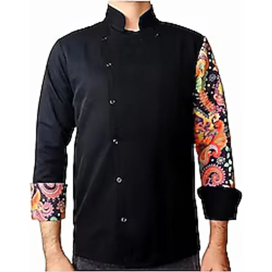 Ant Rotagrup Üniforma ve İş Elbiseleri Aşçı Ceketi Unisex Çıtçıtlı Uzun Kollu Chef Aşçı Mutfak Ceket Etnik Desenli, Siyah, 3XL