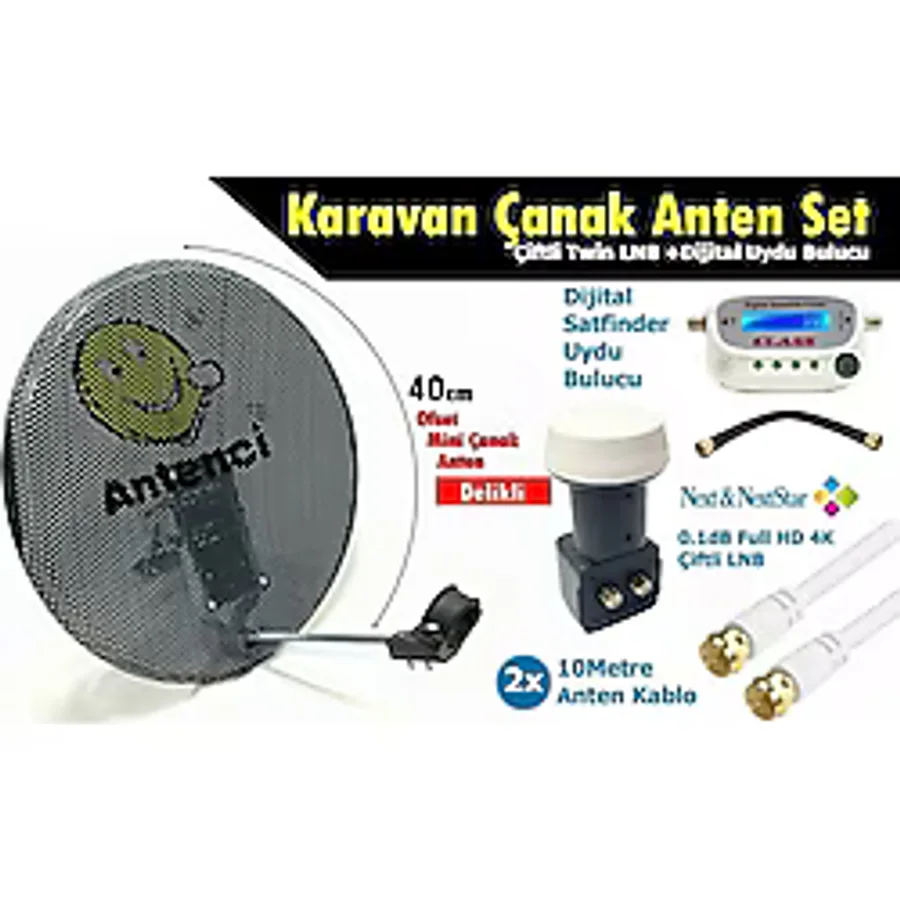 Antenci 40CM Delikli Karavan Çanak Anten Seti Çiftli Lnb +Digital Uydu Bulucu
