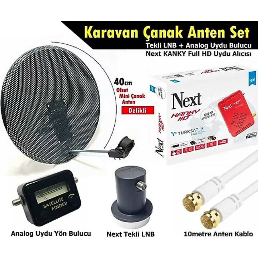 Antenci 40cm Delikli Karavan Çanak Anten Seti +Next HD Uydu Alıcısı +Analog Uydu Bulucu