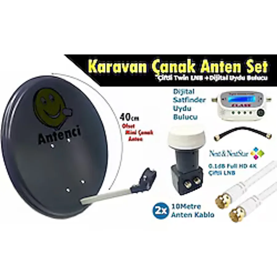 Antenci 40cm Karavan Çanak Anten Seti Next Çiftli LNB +Digital Uydu Bulucu