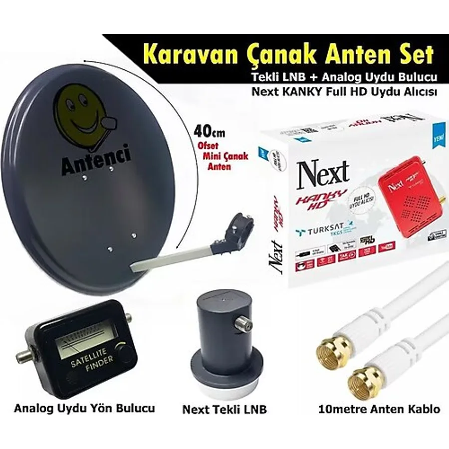 Antenci 40cm Karavan Çanak Anten Seti +Next HD Uydu Alıcısı +Analog Uydu Bulucu