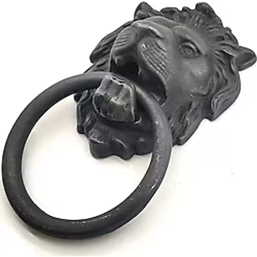 Antika Tarz Dekoratif Pirinç Aslan Kapı Tokmağı, Taktak - 102x130 mm, Oksit