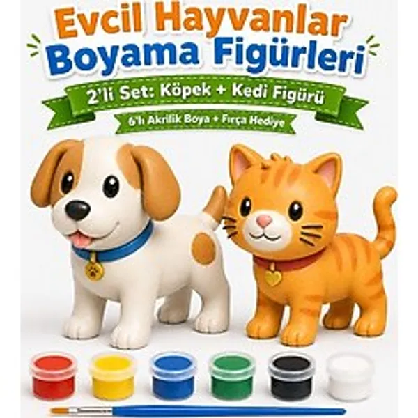 Antiola Çiftlik Hayvanları 2'li Figür Boyama Setleri Tavuk ve Ördek, At ve Inek, Kedi ve Köpek Figürleri Akrilik Boya ve Fırça Hediye