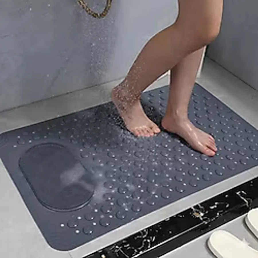 Antrasit Gri Kaymaz Banyo Paspası - 35x69 cm Vantuzlu Duş Matı, Ayak Masajlı ve Temizleme Dokulu, Antibakteriyel ve Tahliye Delikli Küvet İçi Paspas