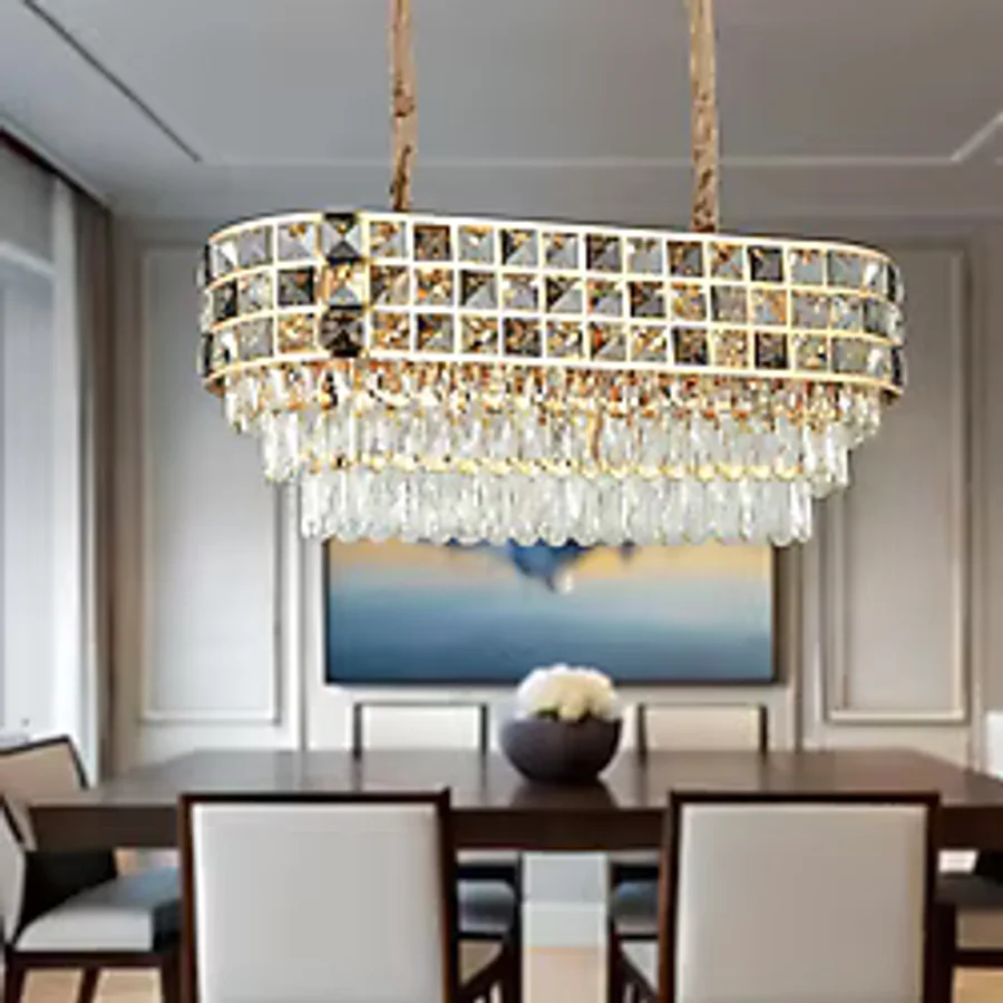 Apliqa Orrel 10'lu Sıralı Gold Kristal Taşlı Modern Yemek Odası Salon Sarkıt Avize