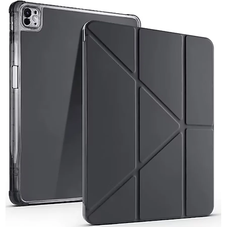 Apple iPad Pro 13 M4 (2024) Yatay ve Dikey Standlı Antişok Köşe Korumalı Kalemlikli Origami Slikon KILIF A2925 A2926 - Siyah