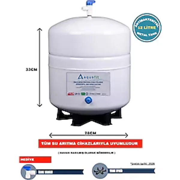 Aquafit Su Arıtma Tankı - 12 Lt (3,2 Galon) Paslanmaz Metal + Vanalı ve Ayak Hediyeli